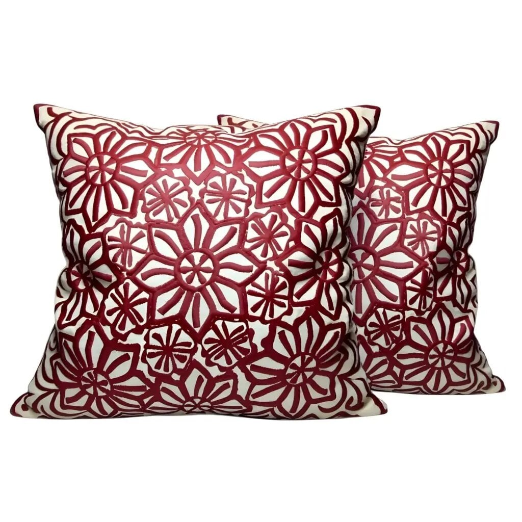 Red floral pillow covers set of 2 with burgundy appliqué on cream linen, handcrafted 17.4 inch square cushions