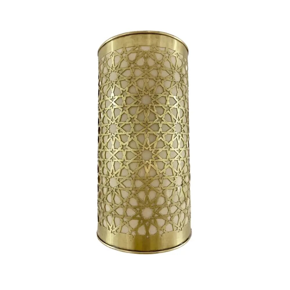 Brass outdoor sconce with hand-engraved Islamic star pattern, cylindrical design in gold finish, 11.8 inch height