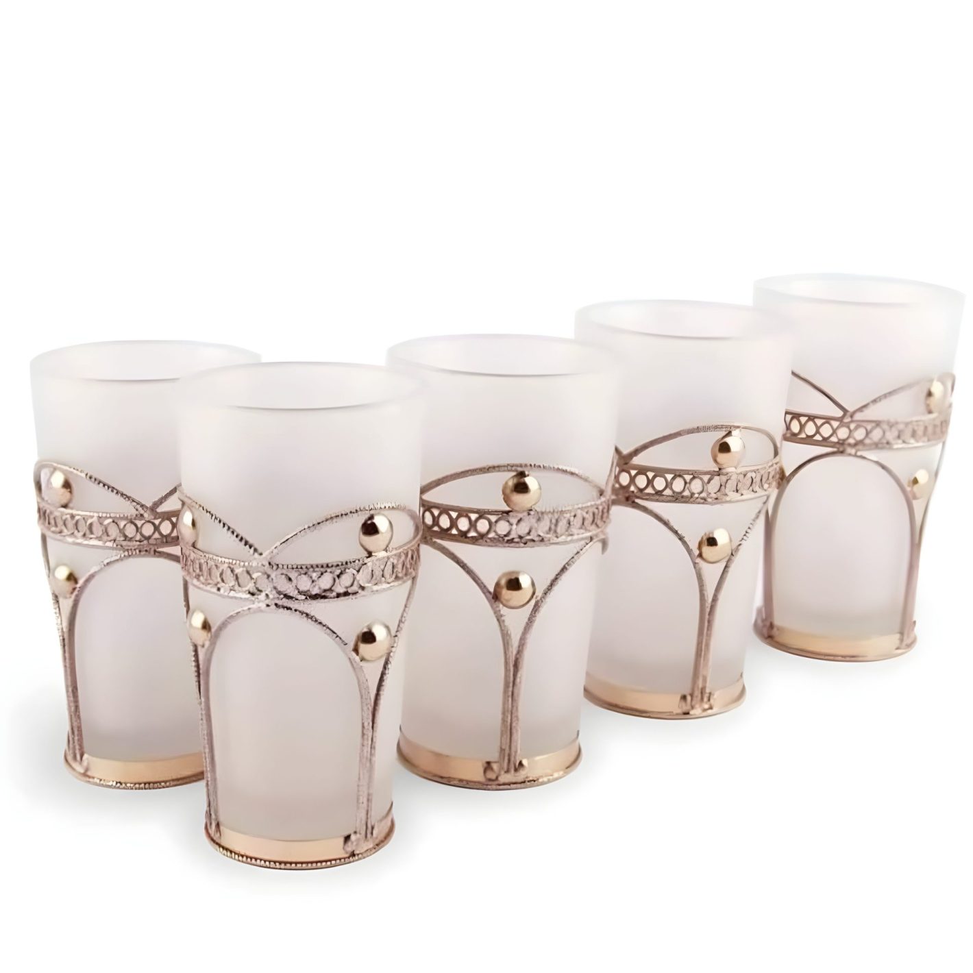 Set of six white Moroccan tea glasses with frosted glass and silver-tone pierced metal filigree holders Set of six white Moroccan tea glasses with frosted glass and silver-tone pierced metal filigree holders