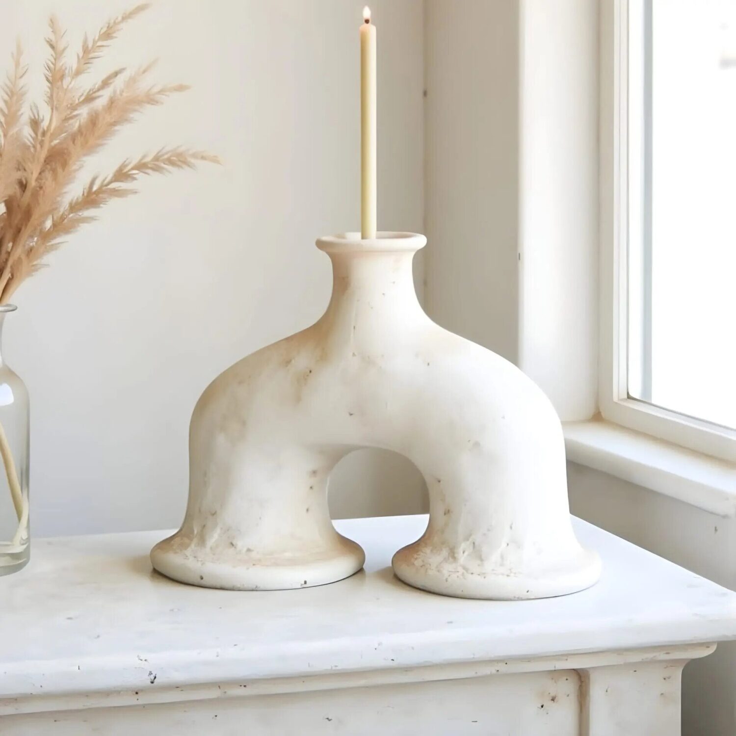 White ceramic candleholder with arch cutout on marble surface, handmade Tamegroute pottery with speckled texture