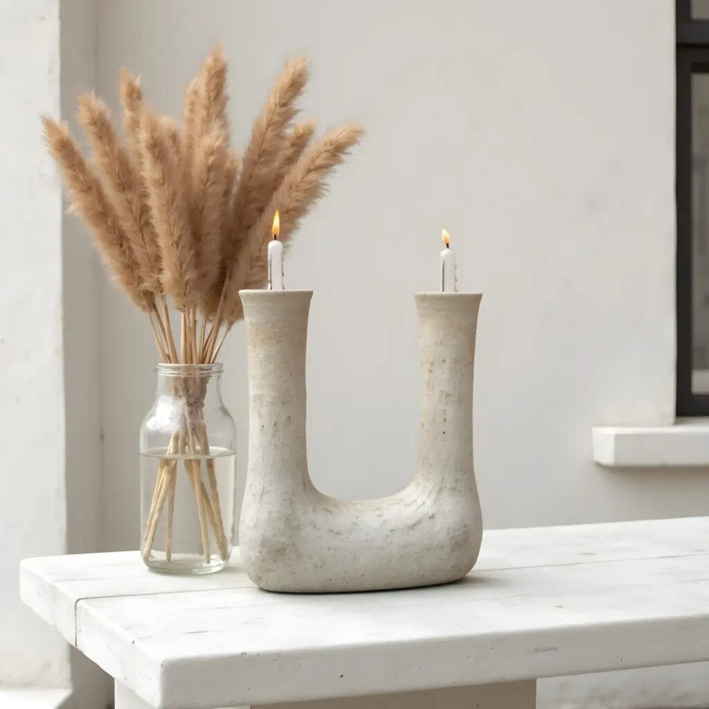 Ceramic double candleholder in U-shape with speckled glaze, shown with pampas grass on minimalist white table