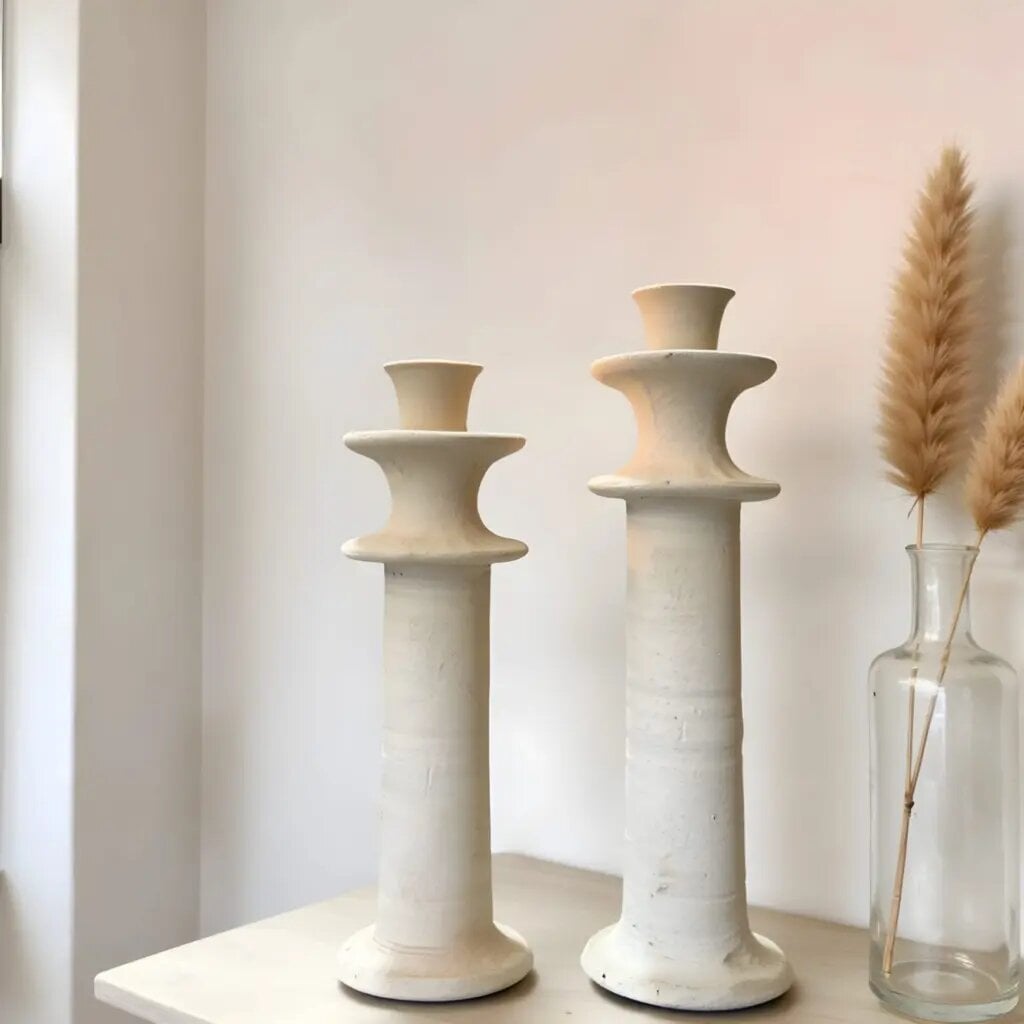 Handmade ceramic candle holders set of 2 in warm white with tiered sculptural design and pampas grass decor