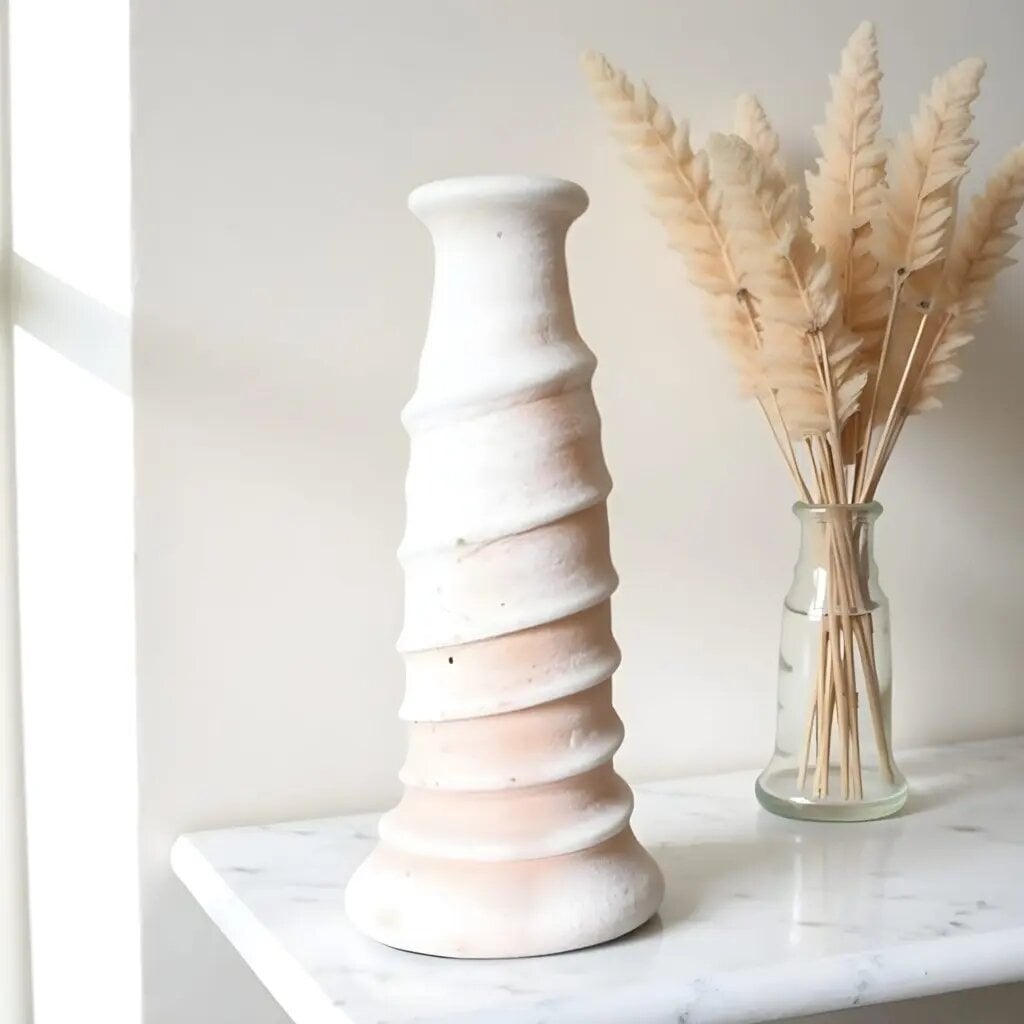 White ceramic candle holder with spiral design, 35cm sculptural tower on marble surface with dried flowers