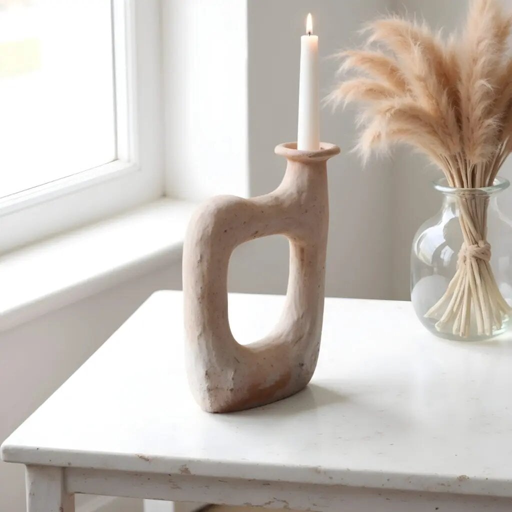 Handcrafted square ceramic candle holder with architectural cutout in dusty rose terracotta on white table
