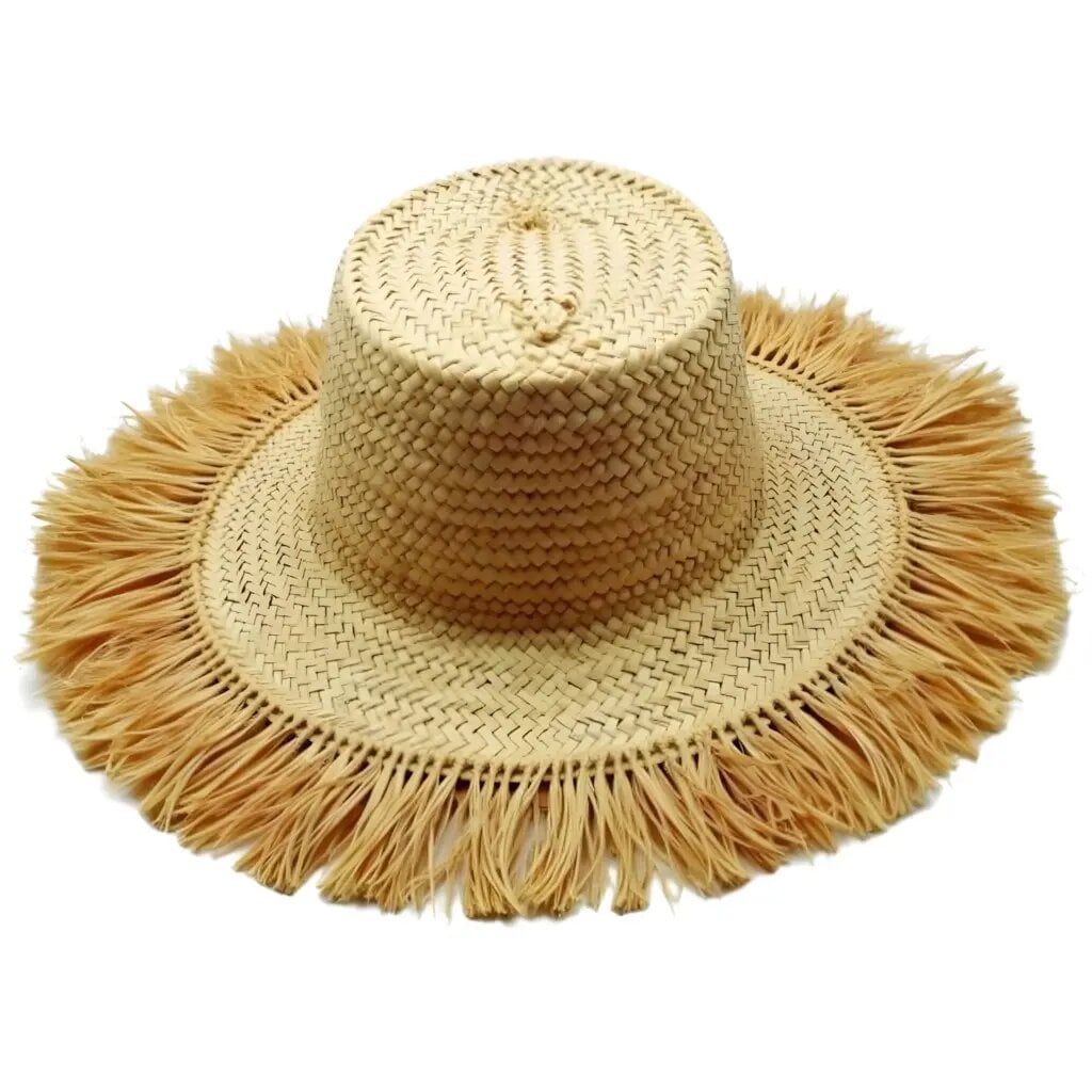 Handwoven straw garden hat with natural raffia fringe, wide brim design, beige boho sun protection accessory