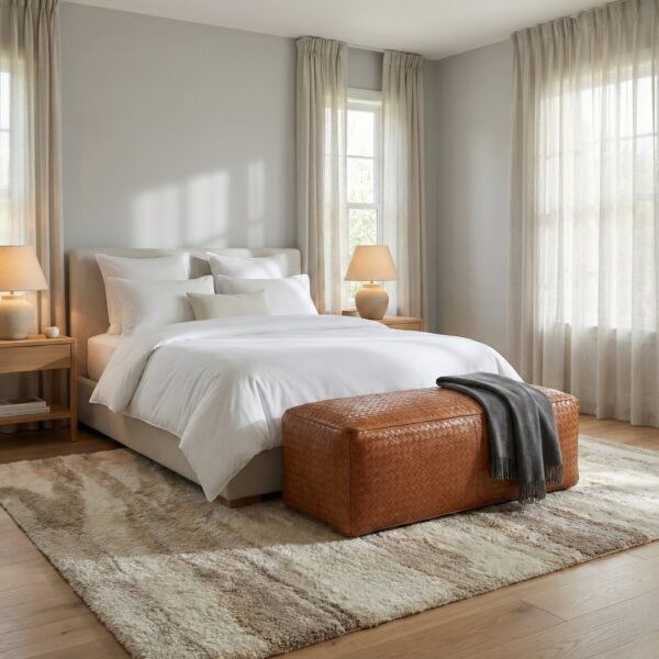 Woven leather bench ottoman at foot of bed with grey throw blanket in neutral bedroom Woven leather bench ottoman at foot of bed with grey throw blanket in neutral bedroom