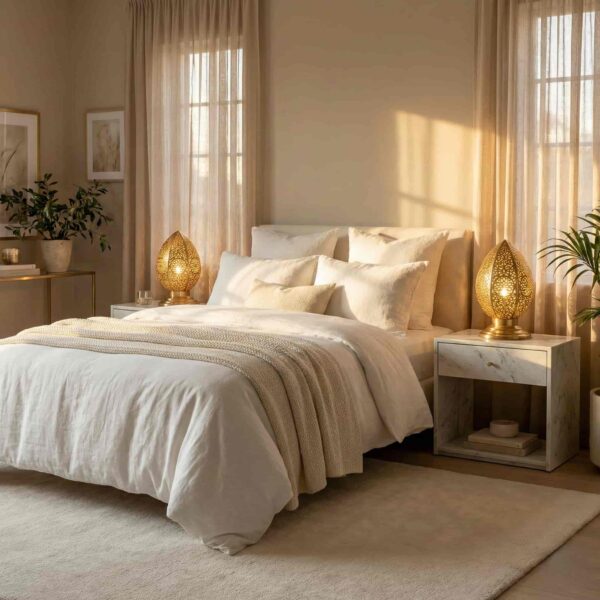 Brass filigree table lamps as bedside lighting on marble nightstands in neutral bedroom setting Brass filigree table lamps as bedside lighting on marble nightstands in neutral bedroom setting
