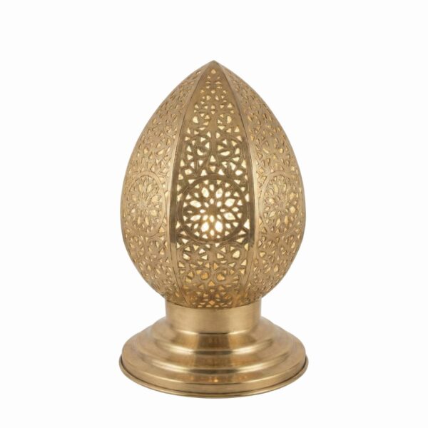 Single brass filigree table lamp with egg-shaped shade featuring hand-pierced floral geometric design Single brass filigree table lamp with egg-shaped shade featuring hand-pierced floral geometric design