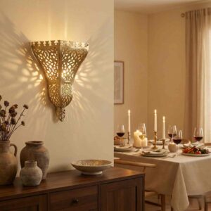 Brass filigree wall sconce casting intricate arabesque shadow patterns in warm dining room