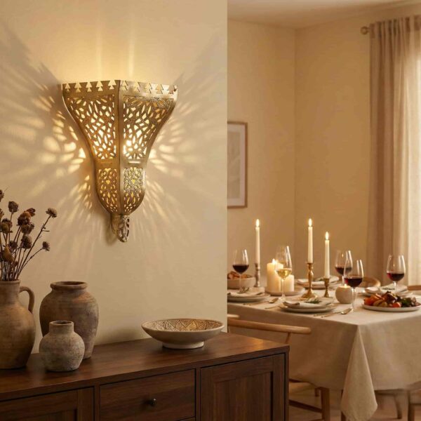 Brass filigree wall sconce casting intricate arabesque shadow patterns in warm dining room