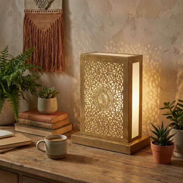 Single brass lantern table lamp on wooden desk in bohemian home office with plants and macrame wall hanging Single brass lantern table lamp on wooden desk in bohemian home office with plants and macrame wall hanging