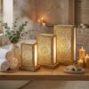 Brass lantern table lamp trio in spa bathroom setting with candles towels and eucalyptus creating relaxing ambiance Brass lantern table lamp trio in spa bathroom setting with candles towels and eucalyptus creating relaxing ambiance