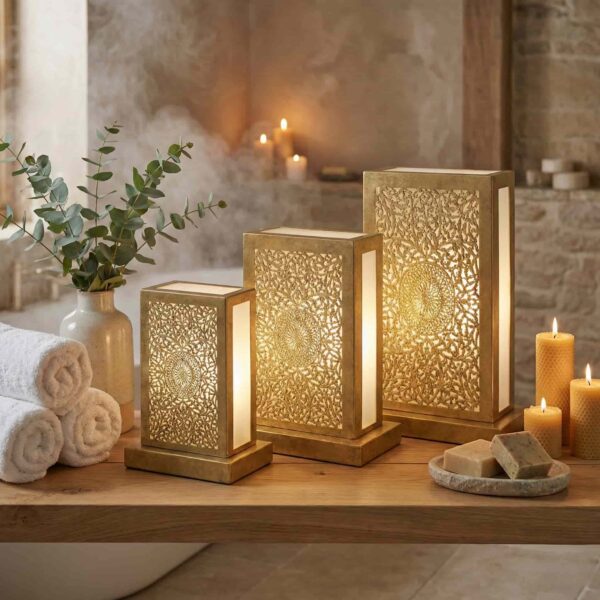 Brass lantern table lamp trio in spa bathroom setting with candles towels and eucalyptus creating relaxing ambiance Brass lantern table lamp trio in spa bathroom setting with candles towels and eucalyptus creating relaxing ambiance