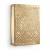 Brass mandala wall light with rectangular box frame and hand-pierced spiral medallion cutwork on white background