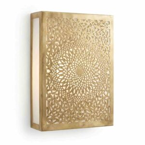 Brass mandala wall light with rectangular box frame and hand-pierced spiral medallion cutwork on white background Brass mandala wall light with rectangular box frame and hand-pierced spiral medallion cutwork on white background