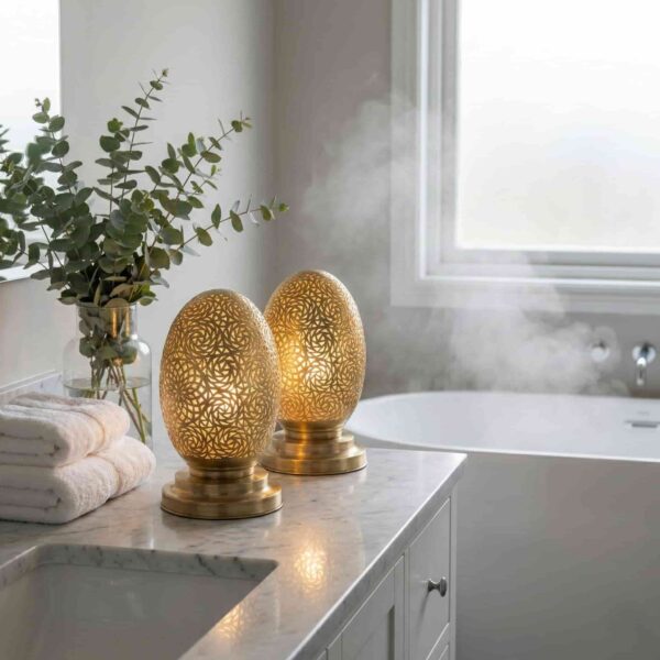 Pair of brass oval table lamps on marble bathroom counter creating spa-like ambient lighting