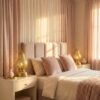 Brass pear table lamps as romantic bedside lighting in blush pink bedroom creating warm ambient glow Brass pear table lamps as romantic bedside lighting in blush pink bedroom creating warm ambient glow