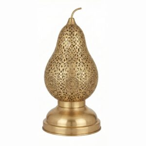 Single brass pear table lamp showcasing hand-carved arabesque design with medallion details and stem finial Single brass pear table lamp showcasing hand-carved arabesque design with medallion details and stem finial