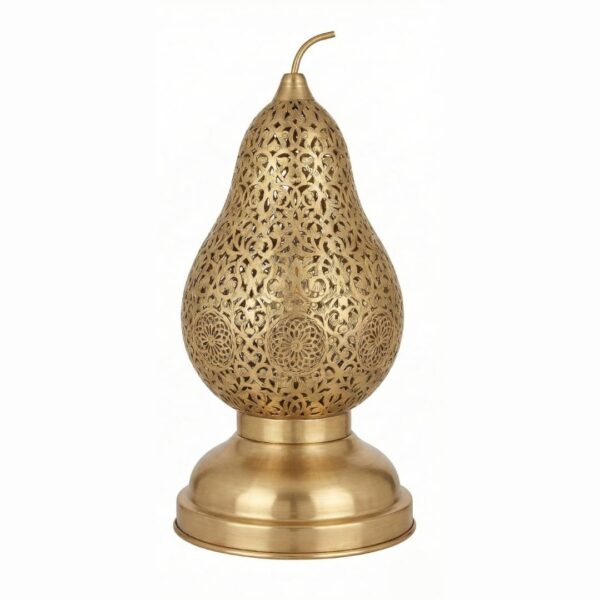 Single brass pear table lamp showcasing hand-carved arabesque design with medallion details and stem finial Single brass pear table lamp showcasing hand-carved arabesque design with medallion details and stem finial