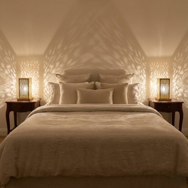 Two brass shadow-casting table lamps on bedroom nightstands creating dramatic geometric light patterns on walls and ceil Two brass shadow-casting table lamps on bedroom nightstands creating dramatic geometric light patterns on walls and ceiling