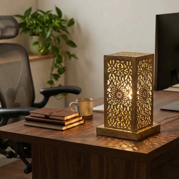 Hand-engraved brass accent lamp on executive wooden desk providing warm task lighting with leather journals and coffee m Hand-engraved brass accent lamp on executive wooden desk providing warm task lighting with leather journals and coffee mug