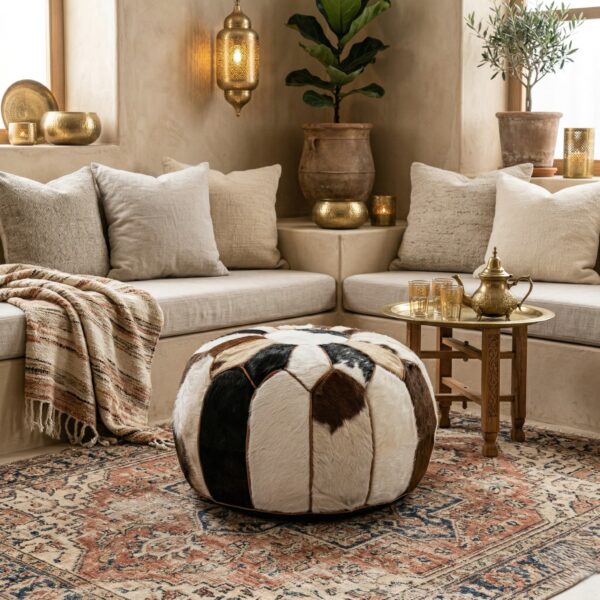 Cowhide round pouf in Moroccan living room with brass pendant lantern and neutral sofa