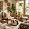 Cowhide patchwork pouf in bohemian living room with mid-century chair and indoor plants