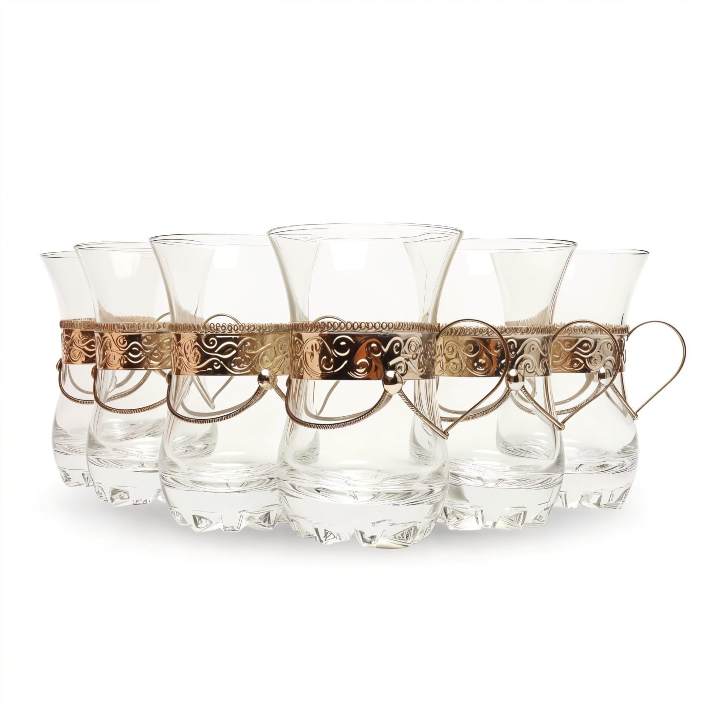 Set of 6 clear glass tea glasses with handles in silver-tone pierced filigree metal sleeves on white Set of 6 clear glass tea glasses with handles in silver-tone pierced filigree metal sleeves on white