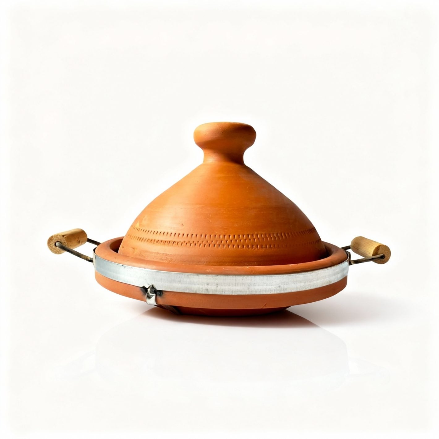 Terracotta tagine pot with conical lid, wooden handles, and decorative patterns on white background Terracotta tagine pot with conical lid, wooden handles, and decorative patterns on white background