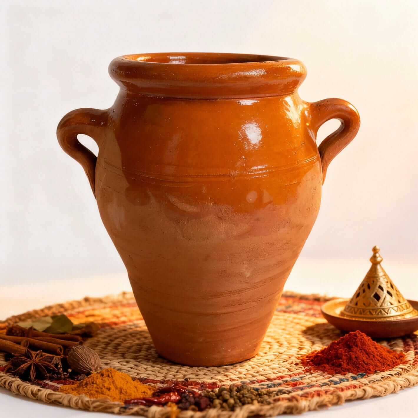 Tangia pot terracotta clay with glossy glaze, two handles, traditional Moroccan cooking vessel with spices Tangia pot terracotta clay with glossy glaze, two handles, traditional Moroccan cooking vessel with spices