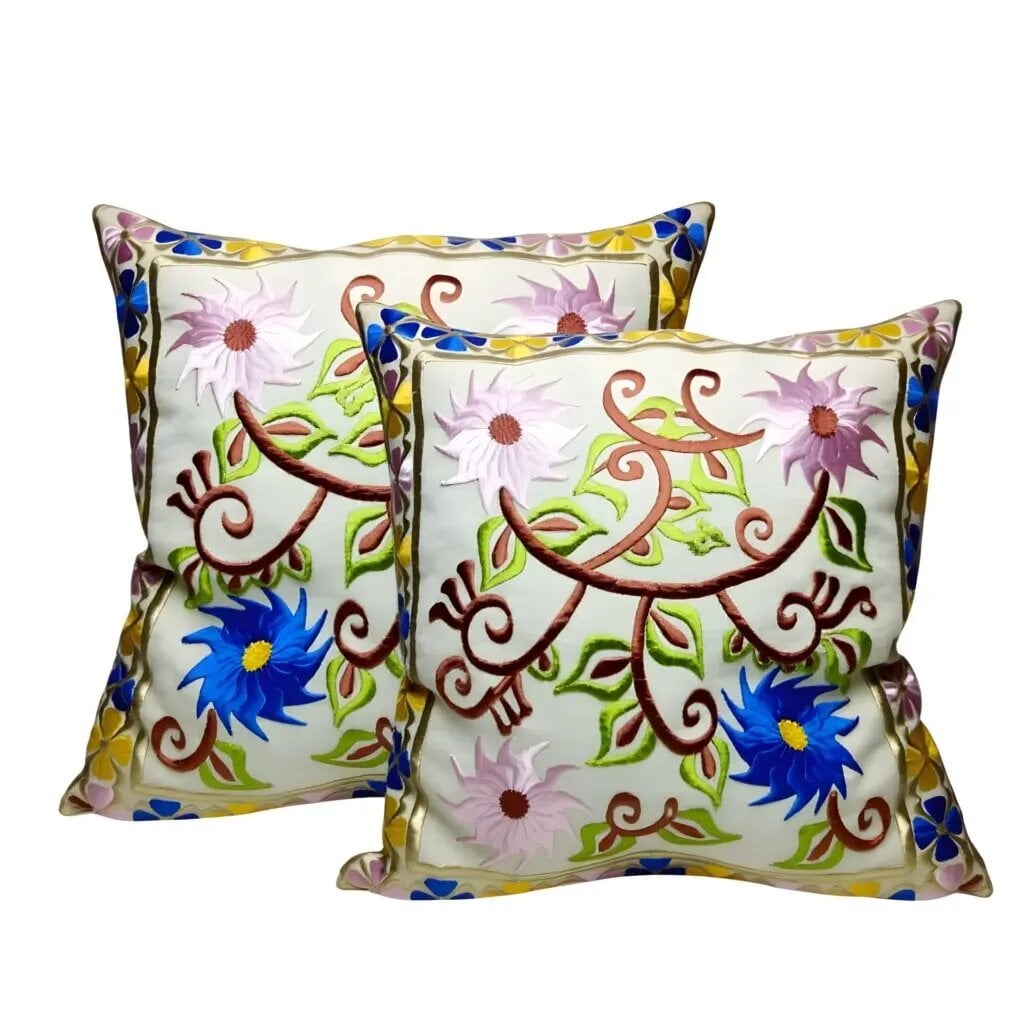 Embroidered pillow covers set with colorful floral garden design and decorative birds on white cotton silk fabric