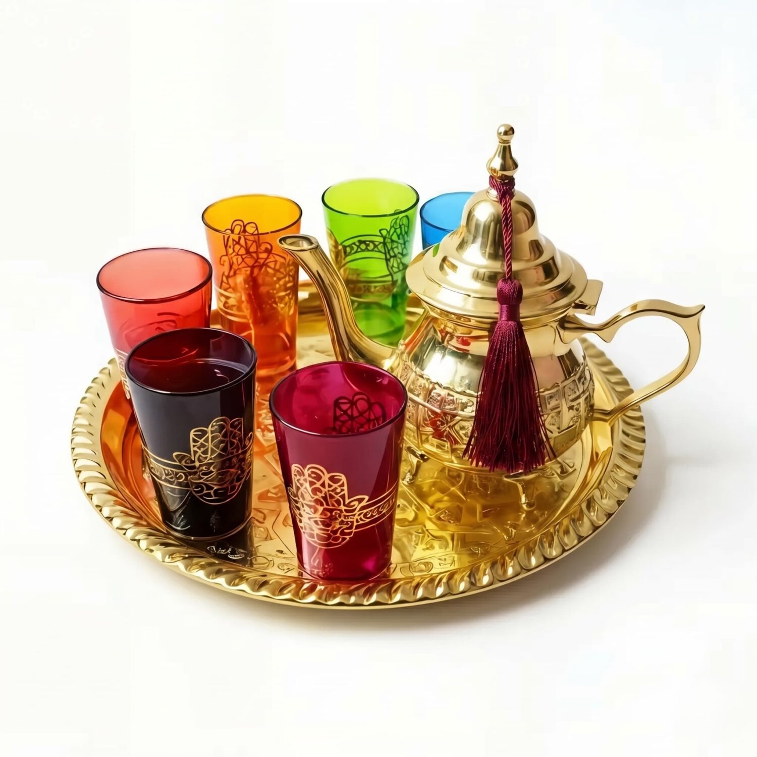 Vibrant gold brass hamsa tea set featuring a traditional engraved teapot with a burgundy tassel, six colorful glasses ad Vibrant gold brass hamsa tea set featuring a traditional engraved teapot with a burgundy tassel, six colorful glasses adorned with gold hamsa hand designs, and a matching round ser