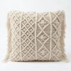 Cream macrame cushion cover featuring intricate diamond and leaf knotwork patterns with decorative side fringe tassels Cream macrame cushion cover featuring intricate diamond and leaf knotwork patterns with decorative side fringe tassels