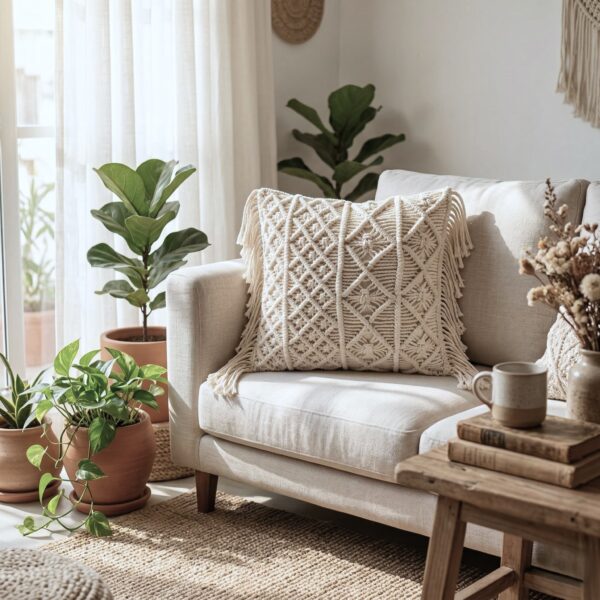 Boho macrame cushion cover styled on cream sofa in living room with fiddle leaf fig plant and jute rug Boho macrame cushion cover styled on cream sofa in living room with fiddle leaf fig plant and jute rug
