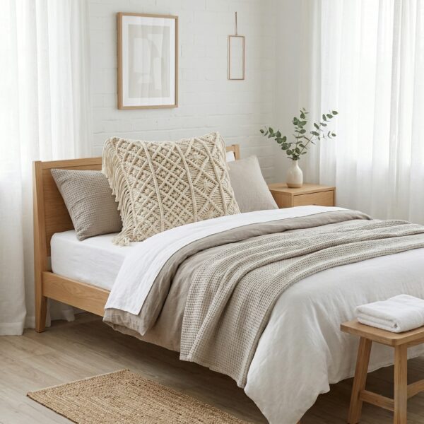Macrame decorative pillow cover on oak bed frame in minimalist bedroom with neutral linen bedding and eucalyptus Macrame decorative pillow cover on oak bed frame in minimalist bedroom with neutral linen bedding and eucalyptus