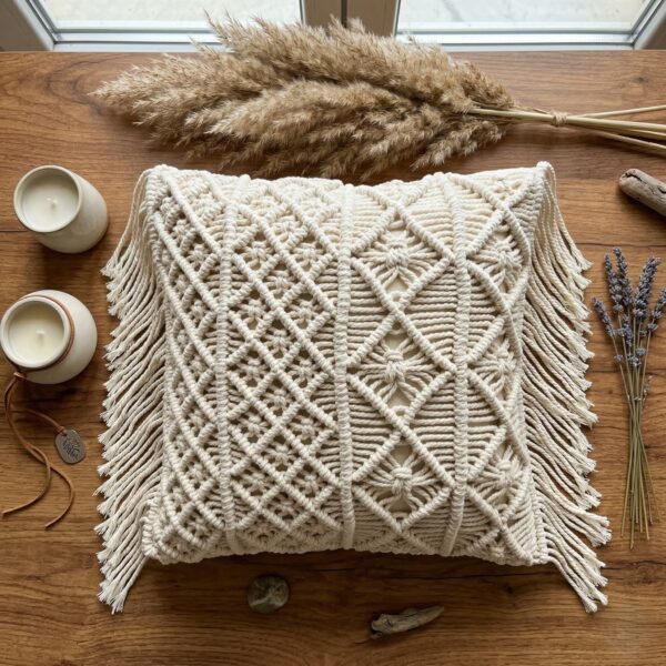 Handwoven macrame cushion cover with diamond knotwork pattern and fringe displayed on wooden table with candles and drie Handwoven macrame cushion cover with diamond knotwork pattern and fringe displayed on wooden table with candles and dried lavender