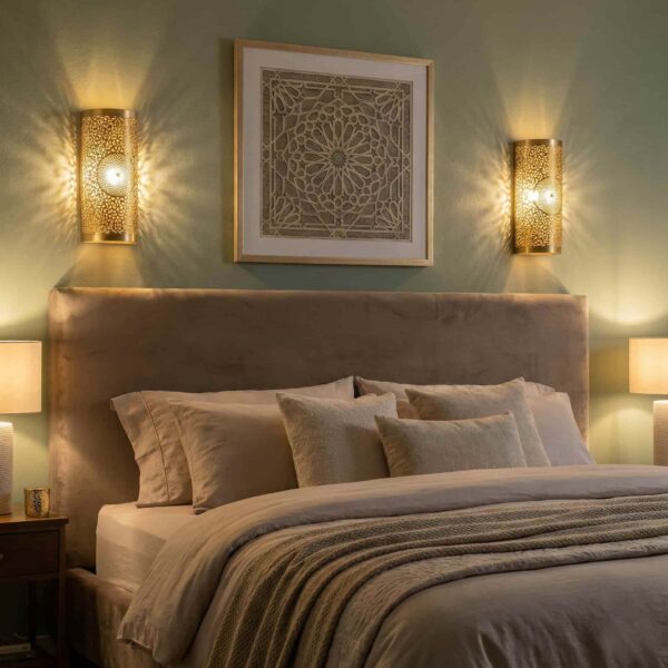 Pair of Moroccan brass wall sconces casting geometric shadow patterns above bed headboard Pair of Moroccan brass wall sconces casting geometric shadow patterns above bed headboard