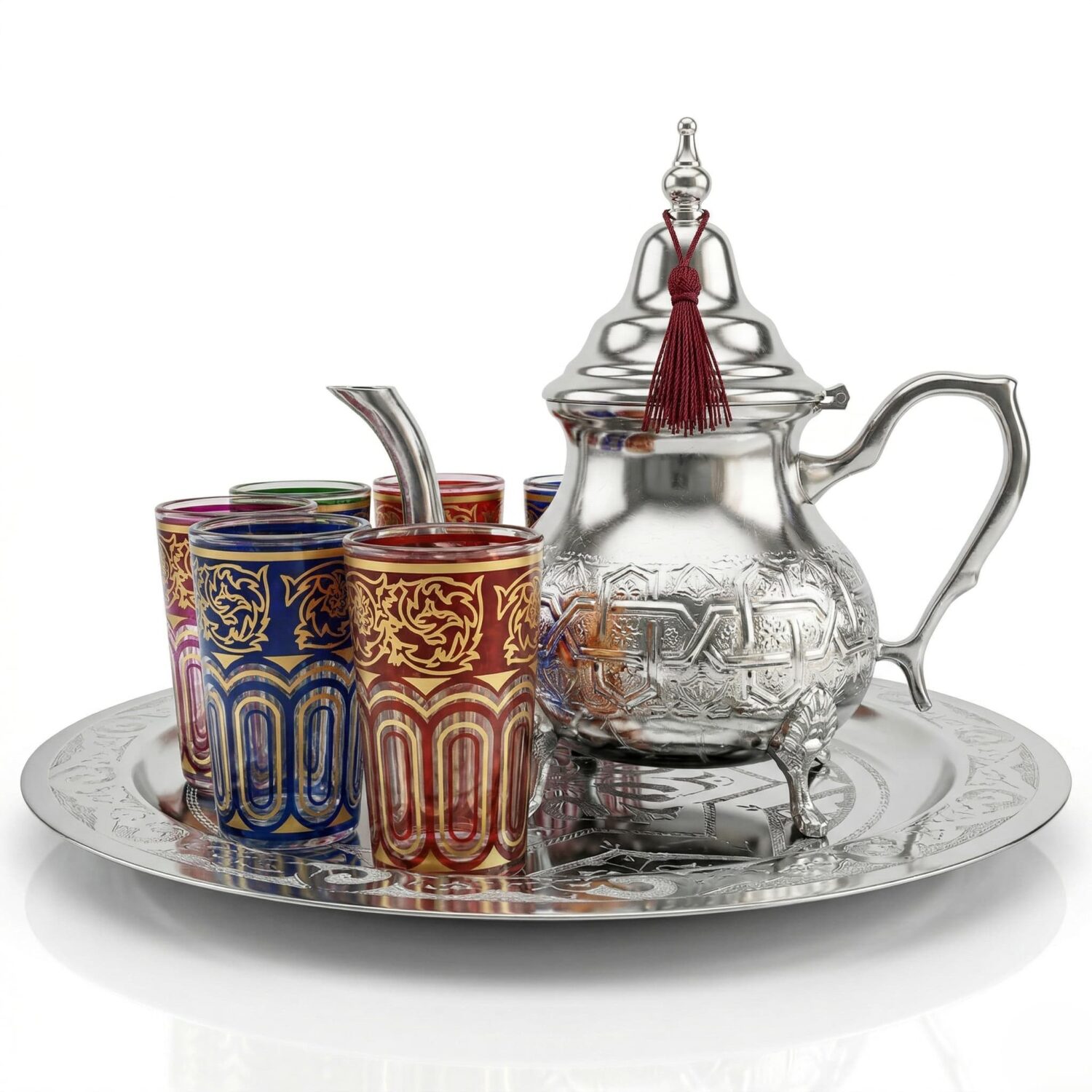 Eight-piece Moroccan mint tea set with embossed silver teapot, six arabesque glasses, and engraved round tray on white background