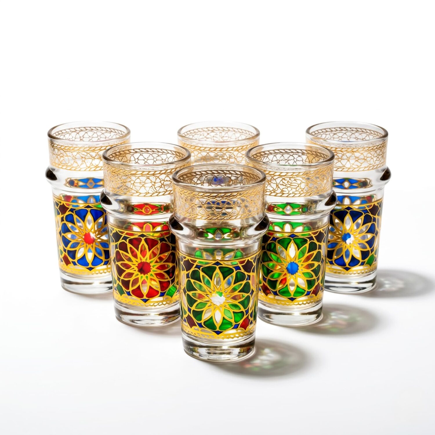 Set of six handmade tea glasses with gold lids featuring multicolor hand-painted mandala patterns on white background Set of six handmade tea glasses with gold lids featuring multicolor hand-painted mandala patterns on white background