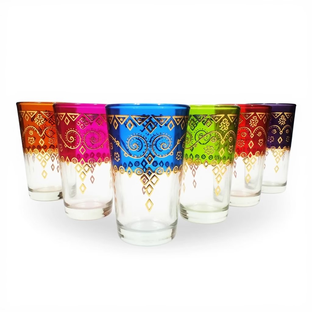 Six ombré tea glasses with hand-painted gold spiral and geometric motifs in saturated jewel tones Six ombré tea glasses with hand-painted gold spiral and geometric motifs in saturated jewel tones