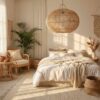 Woven rattan pendant lamp hanging over a boho bedroom with linen bedding and tropical plants Woven rattan pendant lamp hanging over a boho bedroom with linen bedding and tropical plants