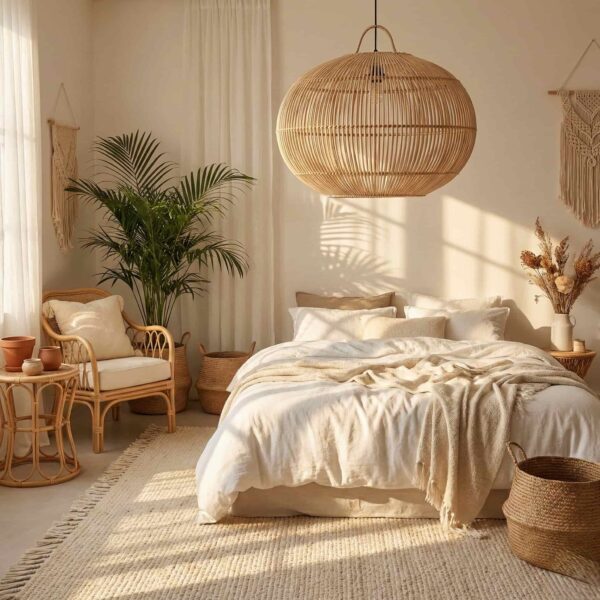 Woven rattan pendant lamp hanging over a boho bedroom with linen bedding and tropical plants Woven rattan pendant lamp hanging over a boho bedroom with linen bedding and tropical plants