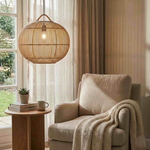 Rattan globe pendant lamp in a cosy living room beside an armchair and side table Rattan globe pendant lamp in a cosy living room beside an armchair and side table