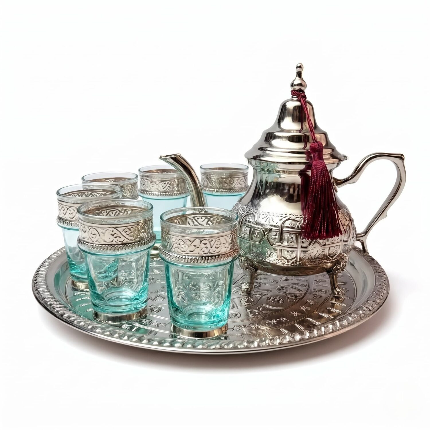 Silver engraved beldi tea set featuring an authentic Moroccan teapot adorned with a burgundy tassel, six blue-tinted glasses with intricate engraved silver metal sleeves, and a coo