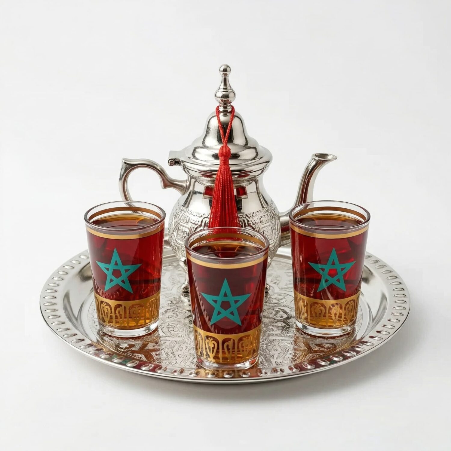 Small silver tea set with star glasses: engraved teapot, three red-tinted glasses, and round tray on white background Small silver tea set with star glasses: engraved teapot, three red-tinted glasses, and round tray on white background