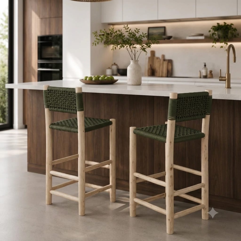 Handwoven Bar Chair - Artisanal Lemon Wood Counter Stool