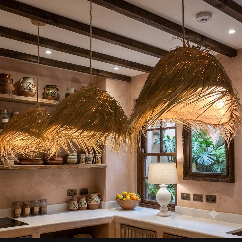 Set of 3 Natural Straw Pendant Lights – Organic Raw Fringe Woven Lampshades