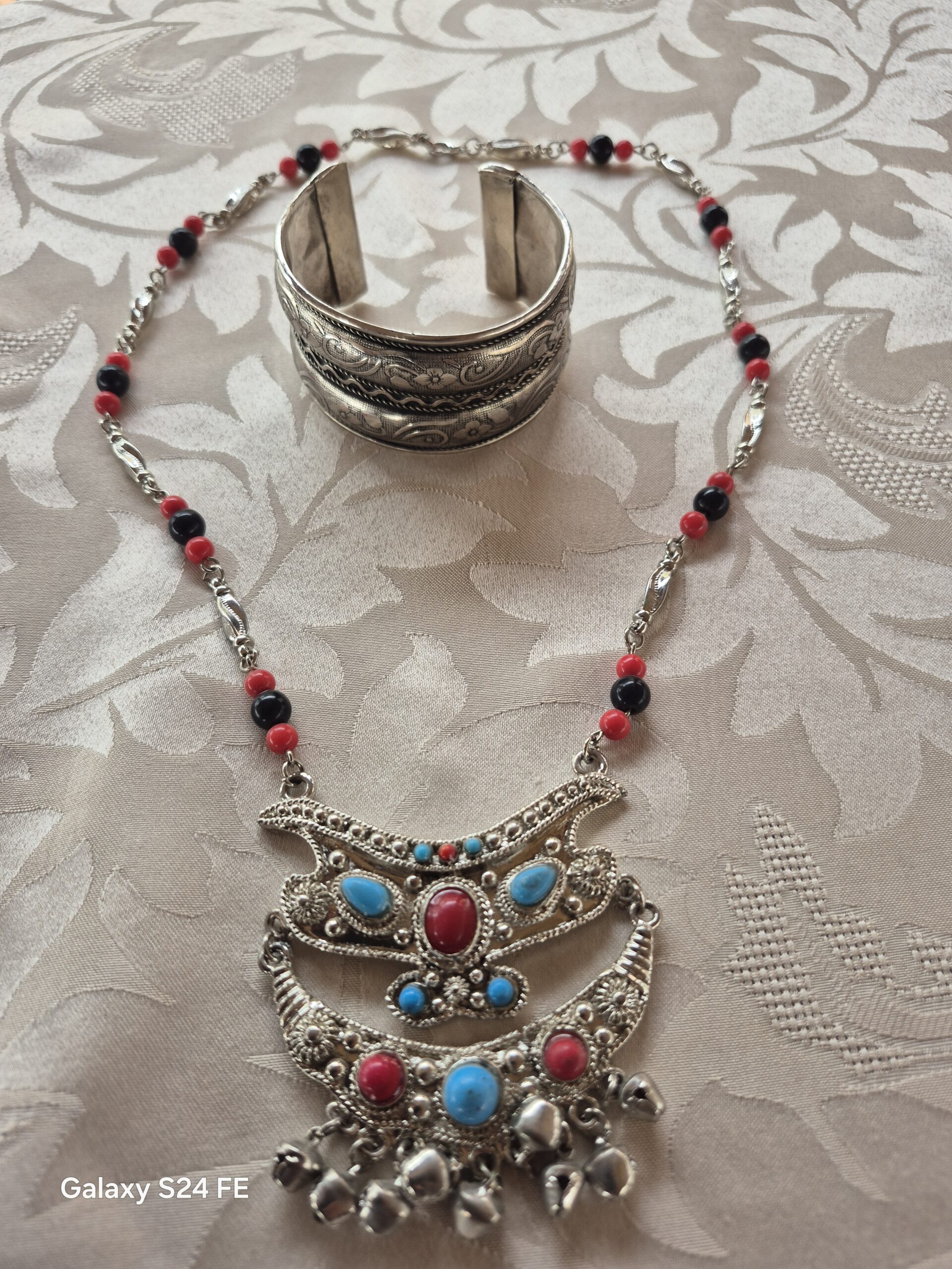 Handcrafted Moroccan Tribal Jewelry Set – Engraved Cuff & Statement Necklace - Image 2