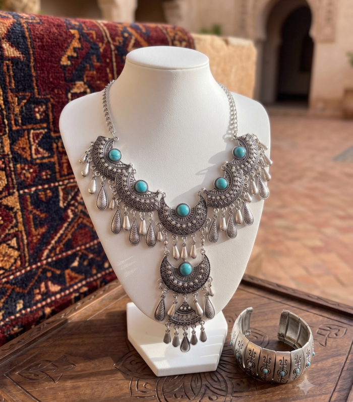Chunky Silver-Tone Tribal Jewelry Set - Crescent Pendant and Paneled Cuff