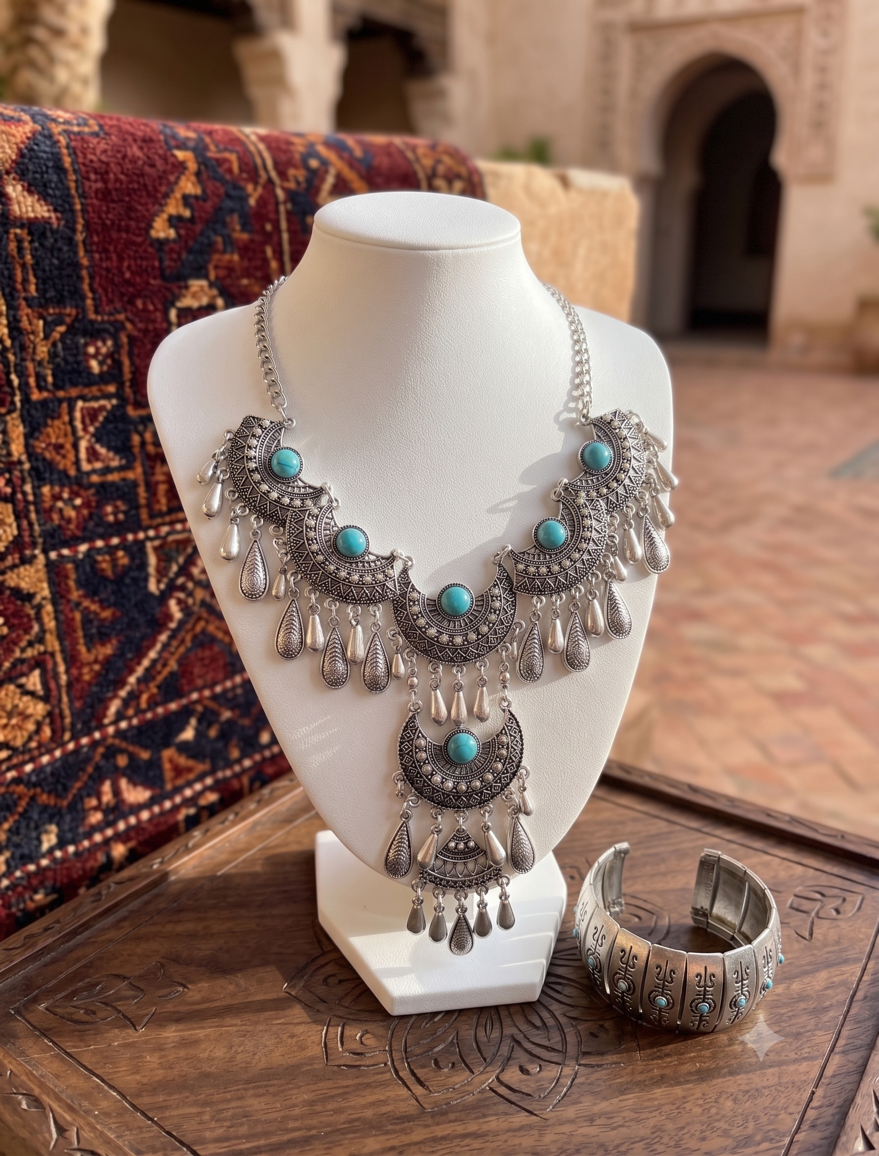 Chunky Silver-Tone Tribal Jewelry Set - Crescent Pendant and Paneled Cuff